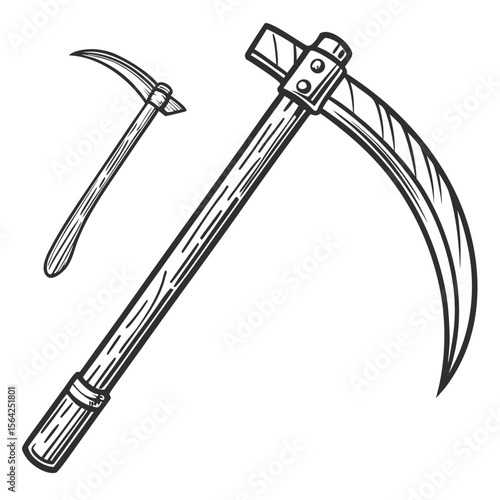 Black and white drawing of a scythe and sickle agricultural tool