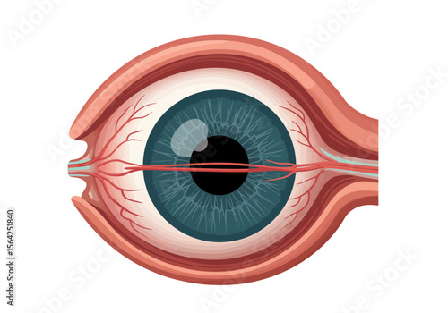 Detailed Anatomical Illustration of a Human Eye showcasing Iris Pupil Blood Vessels and Optic Nerve.