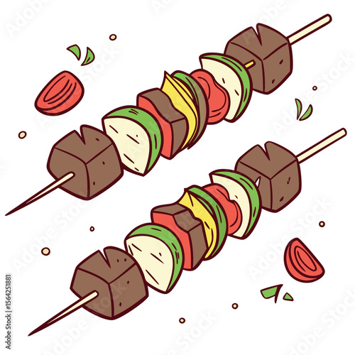 Meat and vegetable skewers with tomato slices beef