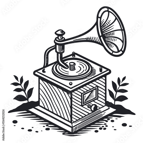Antique gramophone with foliage and grunge texture