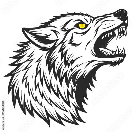 Ferocious wolf head snarling with yellow eyes werewolf