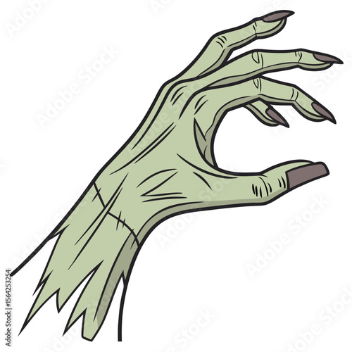 Pale green zombie hand reaching out with dark nails