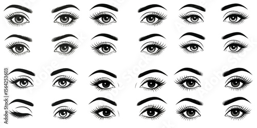 Set of vector illustrations of female eyes with styled eyebrows and eyelashes in black and white