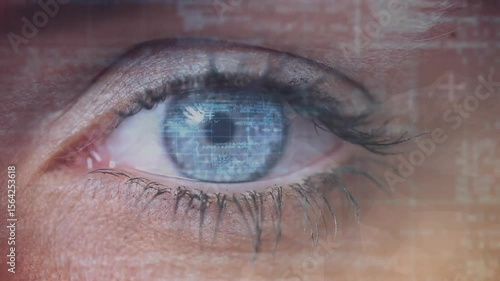 Closed eye pausing then opening to reveal blue iris while digital scan lines scanning flickering