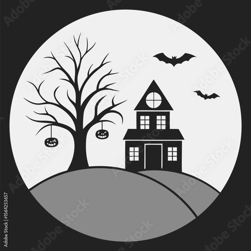 Two black bats fly above a haunted house with spooky pumpkins hanging