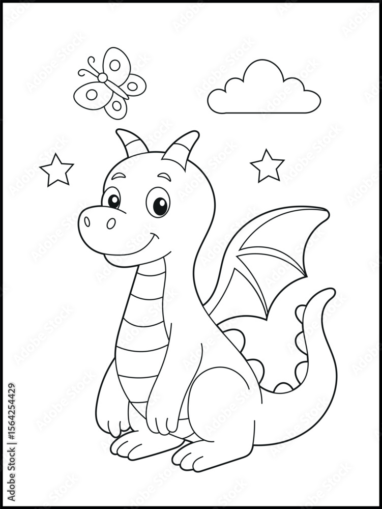 Obraz premium Illustration of a cute baby dragon cartoon character. Black and white Printable dragon coloring page for kids.