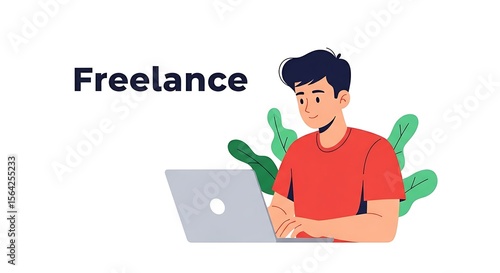 Illustration of a man using a laptop in front of plants with the word freelance on the left