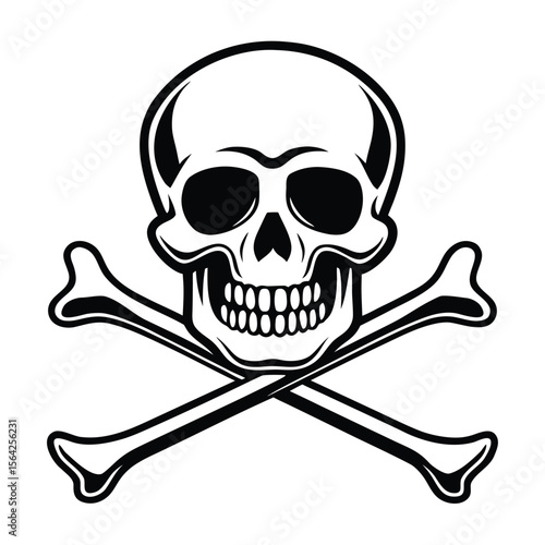 art shows black skull with visible teeth over crossed bones against white