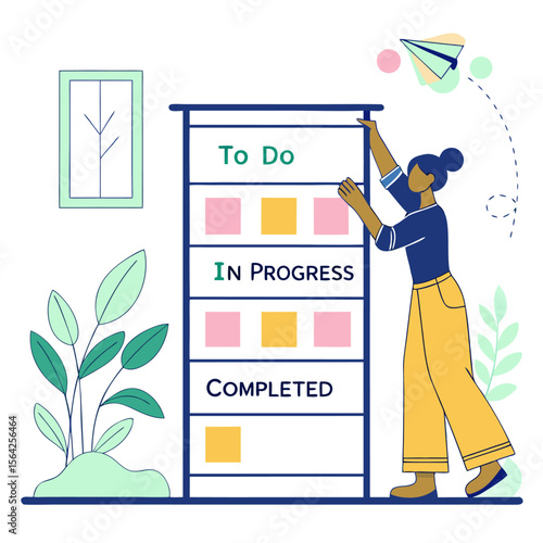 Woman organizing tasks on a kanban board with to do in progress and completed sections in an office setting