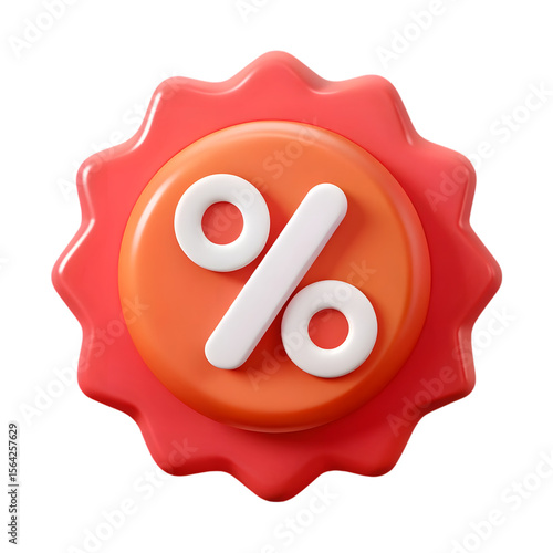 3d rendered red and orange discount badge with percentage symbol isolated on transparent background