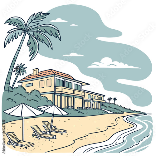 Idyllic coastal villa with palm trees and lounge chairs on a sandy beach overlooking the ocean waves under a cloudy sky