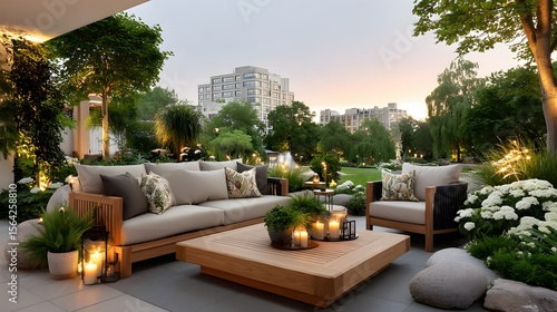 Elegant landscape garden with warm lights high resolution photo