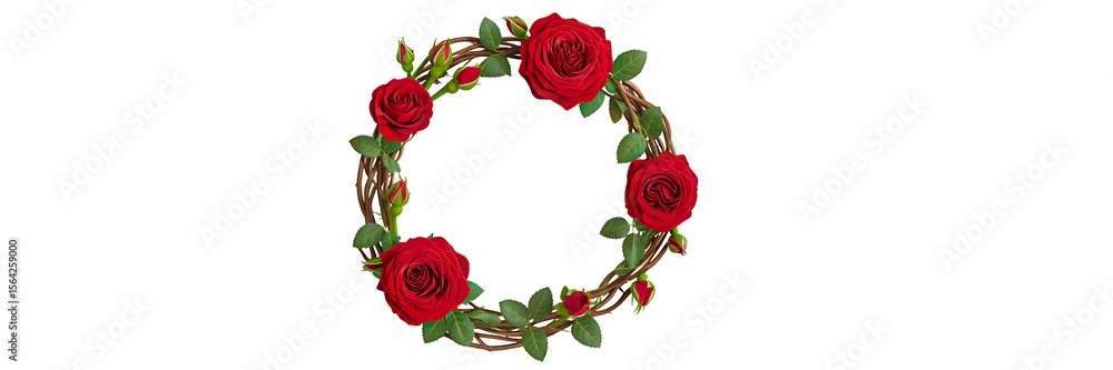 Fototapeta premium Red rose floral wreath illustration with green leaves in circular decorative design 
