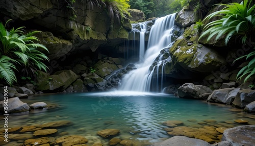 Majestic waterfall cascading into a serene pool surrounded by rocks and ferns