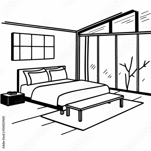 A modern bedroom interior with a large bed, window, and minimalist furniture