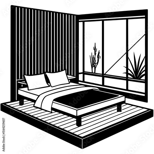 A modern bedroom interior with a platform bed and a large window view