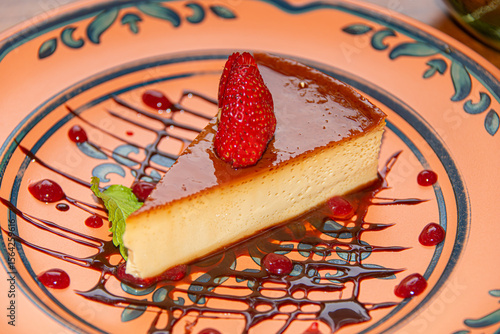 Napolitan Flan with Strawberry on Clay Plate in Colonial Restaurant