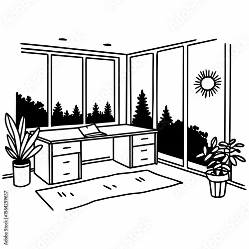 black and white office room with nature view clip art preview