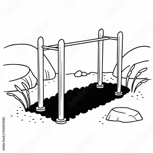 A horizontal bar stands ready for outdoor exercise in a natural setting
