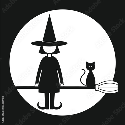 Faceless witch and black cat sit on broom against a full moon in monochrome