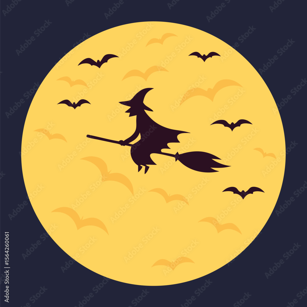 Fototapeta premium Silhouette witch elegantly flies on broom across moonlit night Halloween backdrop
