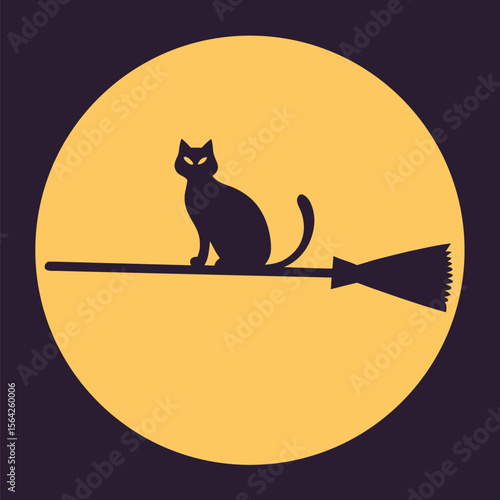 Silhouette shows a black cat sitting calmly on a witch broom during full moon