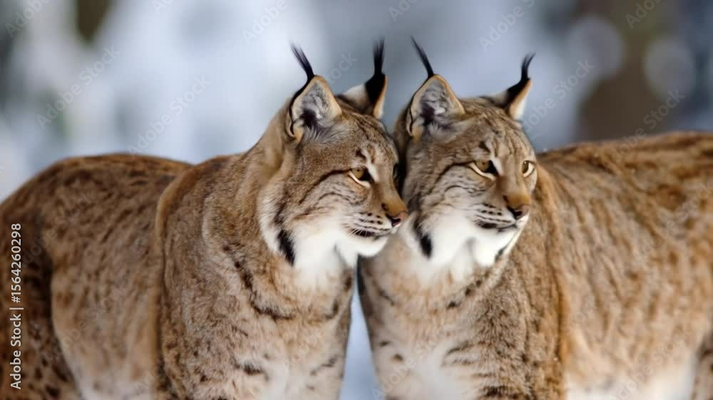 Two Eurasian Lynx in winter snow, feline pair in a serene snowy woodland scene Two Eurasian Lynx in winter snow, feline pair in a serene snowy woodland scene
