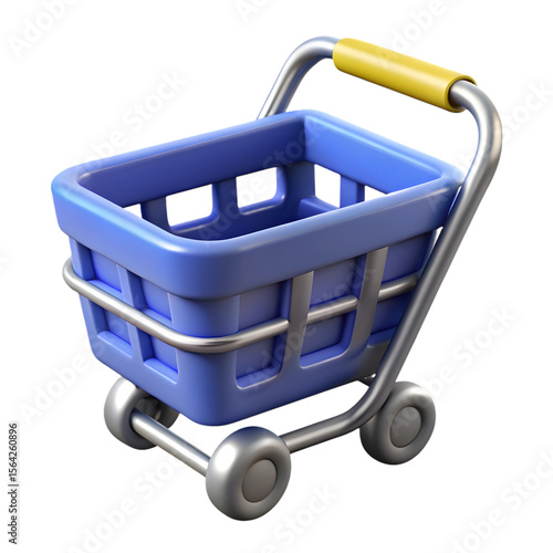 Blue 3d shopping cart with yellow handle isolated on transparent background