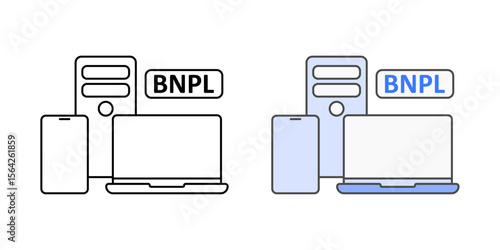 BNPL for electronics icon with laptop, smartphone, PC, and BNPL badge, ideal for tech shopping, digital finance, and buy now pay later platforms.