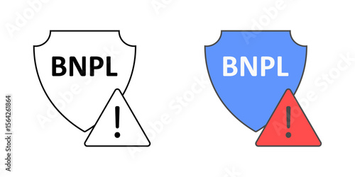 BNPL fraud detection icon with shield and exclamation mark, ideal for payment security, finance protection, and buy now pay later risk prevention illustrations.