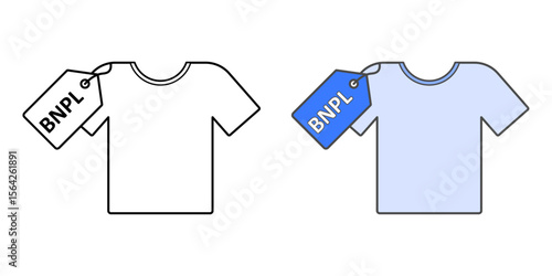 BNPL for clothing icon with t-shirt and BNPL tag, ideal for fashion shopping, digital finance, and buy now pay later platforms.