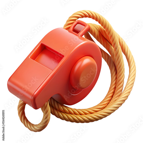 Bright orange referee whistle with yellow lanyard isolated on transparent background