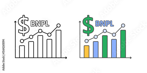 BNPL statistics icon with bar chart and dollar sign, ideal for finance reports, payment analysis, and buy now pay later data illustrations.