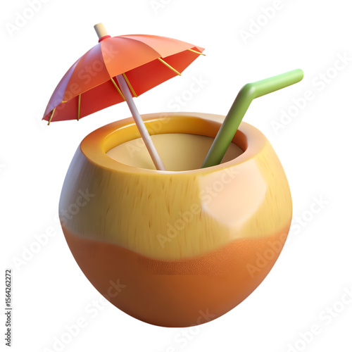 Refreshing coconut drink with umbrella and straw isolated on transparent background