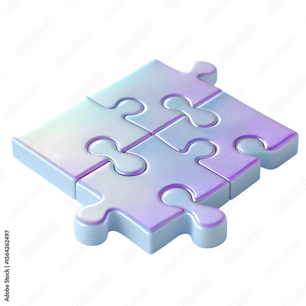 Obraz premium Four iridescent puzzle pieces connected together isolated on transparent background