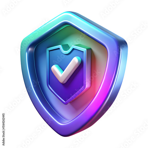 Futuristic gradient shield with check mark isolated on transparent background