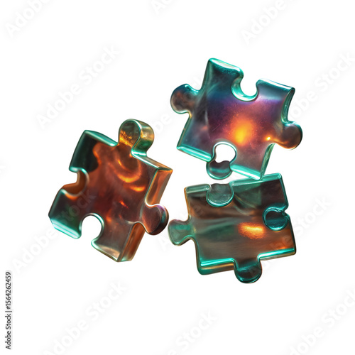 Three iridescent puzzle pieces reflecting warm light on transparent background isolated on transparent background