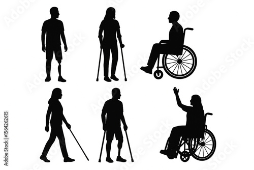 Silhouette Vector Set of Men and Women with Diverse Disabilities and Mobility Aids