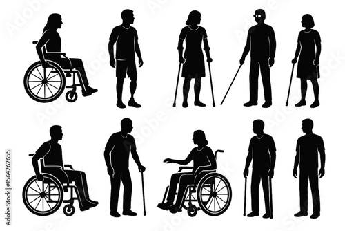 Silhouette Vector Set of Men and Women with Diverse Disabilities and Mobility Aids
