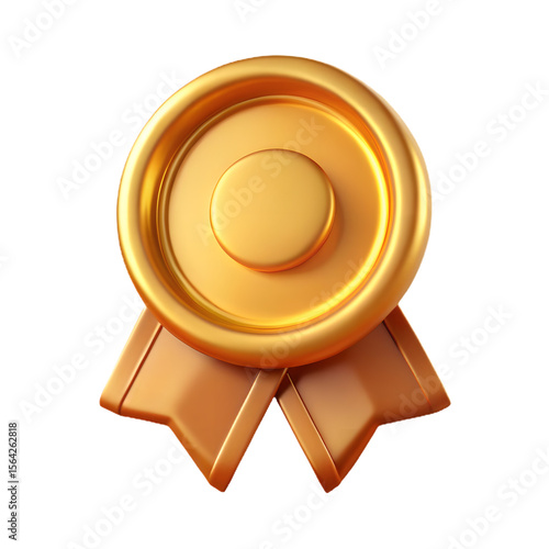 Shiny golden award ribbon emblem with circular center isolated on transparent background