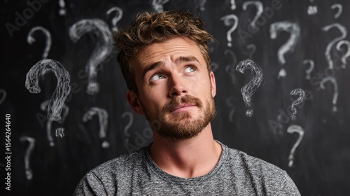 Contemplative Musings: A thoughtful individual, with a curious look in his eyes, is deep in thought with question mark swirling around him.