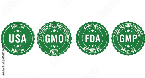 Vector set of four badges: Made in USA, GMO Free, FDA Approved, GMP Practice