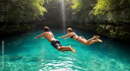 Adventurous Couple Jumping Into Refreshing Turquoise Cenote Water