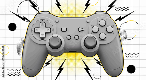 Retro-Futuristic Matte Gray Game Controller with D-Pad, Analog Sticks, and Action Buttons on a Textured Grid Background
