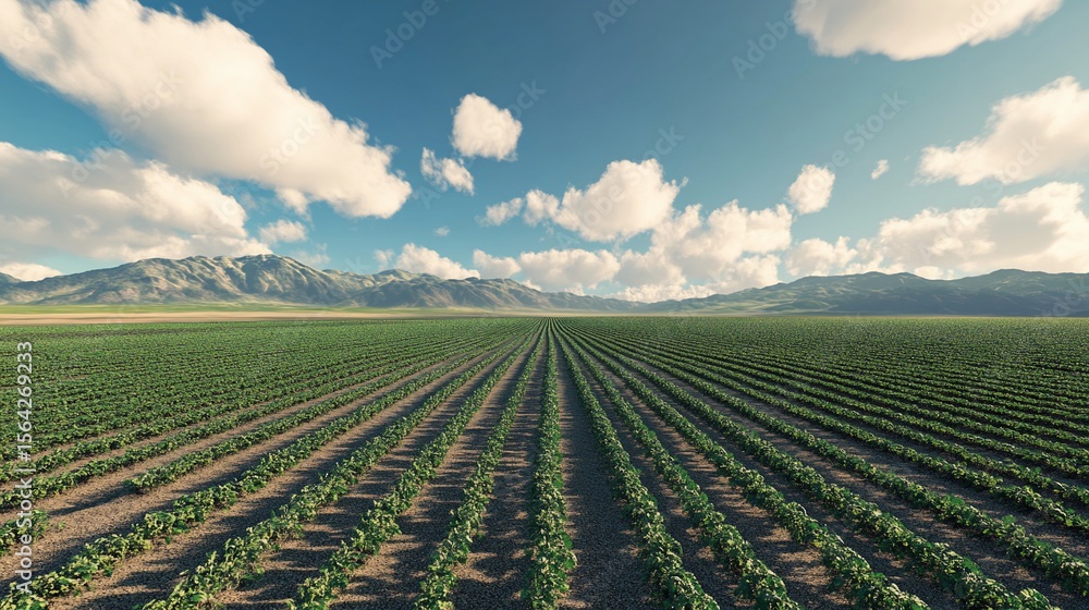 Picturesque cultivated field with precise crop rows and mountainous backdrop Picturesque cultivated field with precise crop rows and mountainous backdrop
