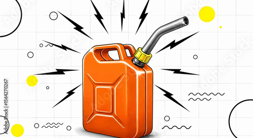 Retro-Futuristic Glossy Orange Gas Can with Gray Spout and Yellow Cap on a Textured Grid Background