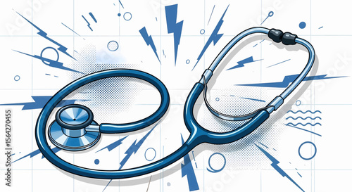 Retro-Futuristic Glossy Blue Stethoscope with Curved Tubing, Chest Piece, and Ear Tips on a Textured Grid Background