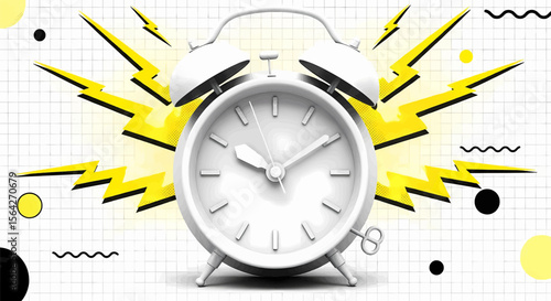 Retro-Futuristic Glossy White Alarm Clock with Twin Bells and Debossed Hour Marks on a Textured Grid Background