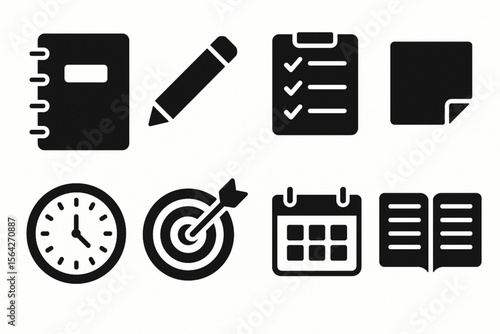 Office Essentials Solid Icon Set - Business, Productivity, and Planning Symbols Vector Collection