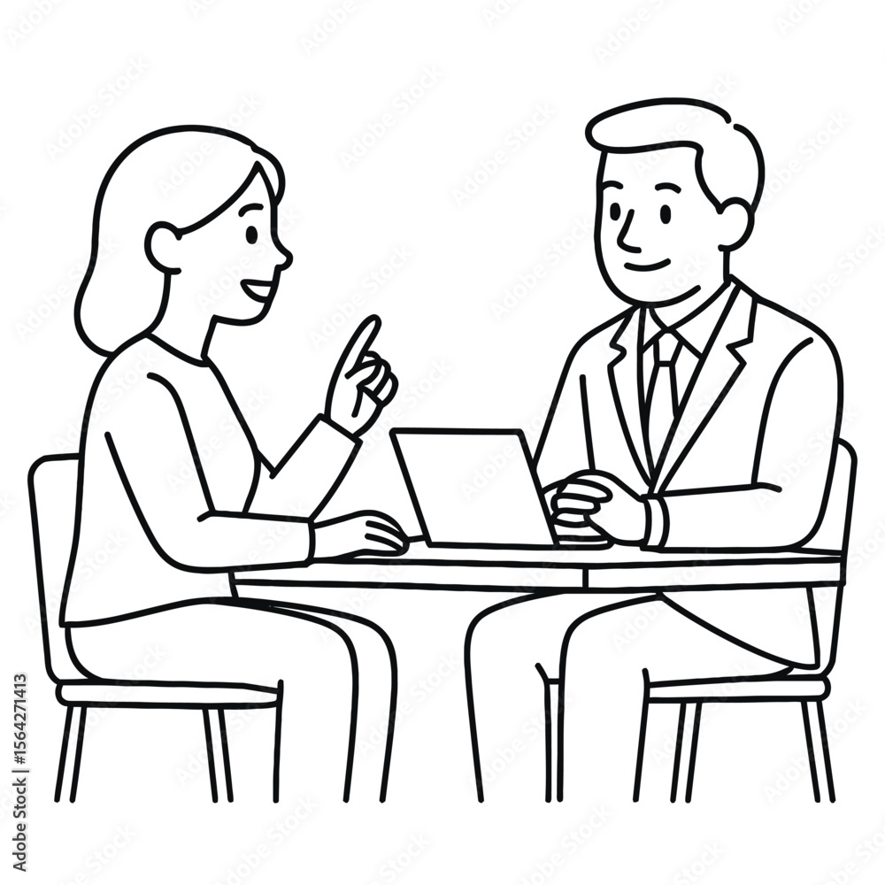 A man and a woman are sitting at a table, engaged in a business meeting, discussing ideas and using a laptop, showcasing collaboration and teamwork. A man and a woman are sitting at a table, engaged in a business meeting, discussing ideas and using a laptop, showcasing collaboration and teamwork.